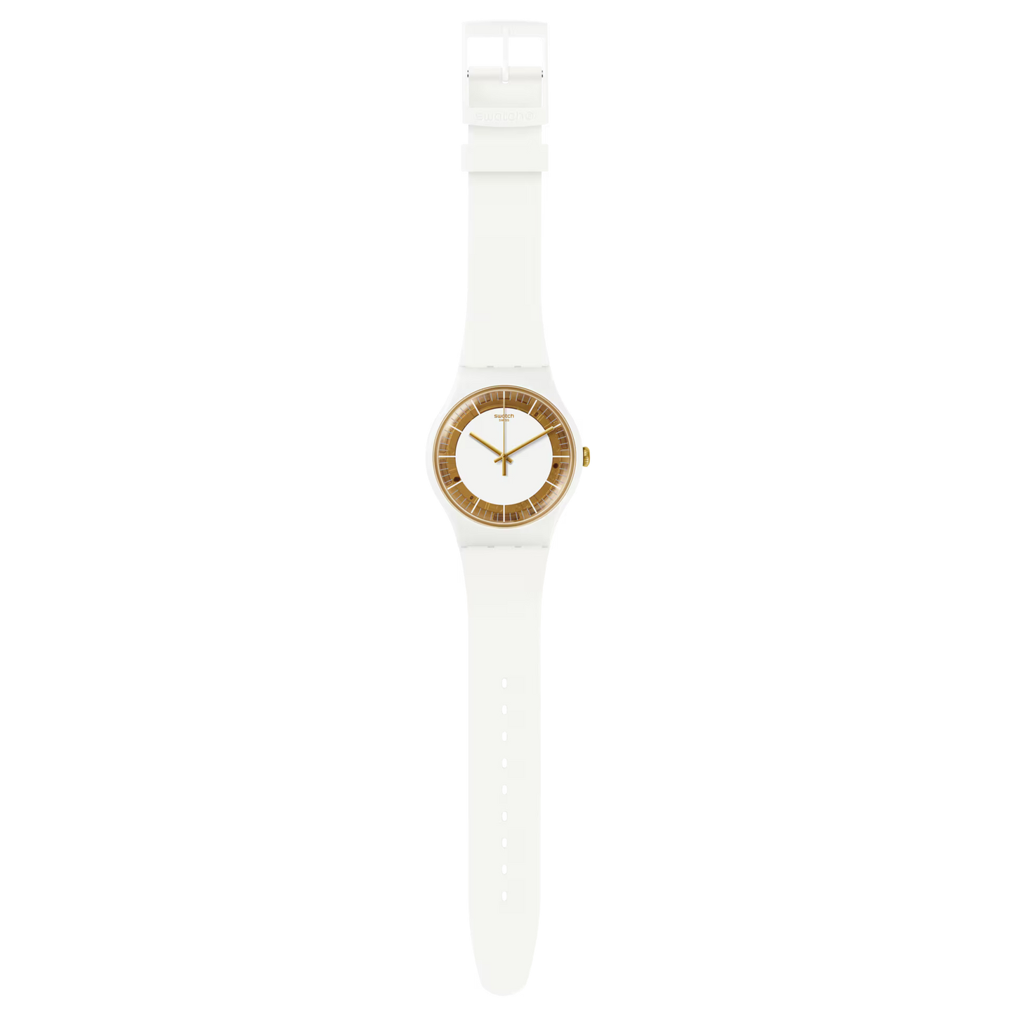 SWATCH SUOW158 WHITE RUBBER BAND WHITE AND GOLDEN DIAL FOR WOMEN