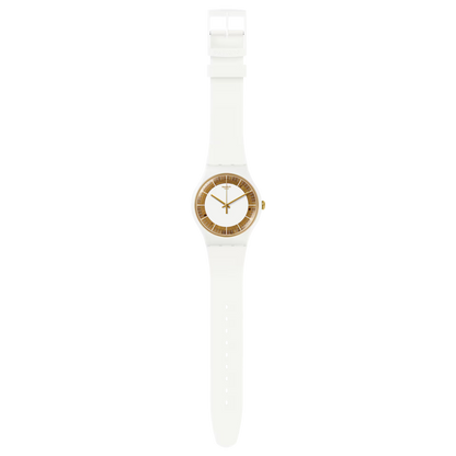SWATCH SUOW158 WHITE RUBBER BAND WHITE AND GOLDEN DIAL FOR WOMEN