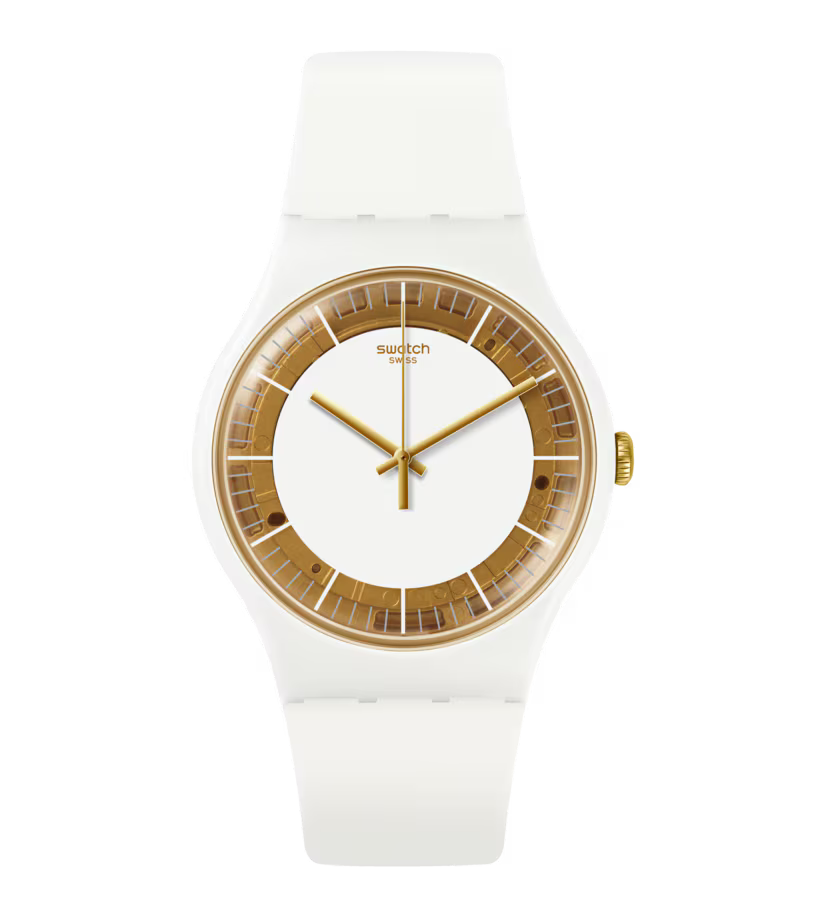 SWATCH SUOW158 WHITE RUBBER BAND WHITE AND GOLDEN DIAL FOR WOMEN