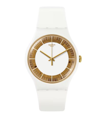 SWATCH SUOW158 WHITE RUBBER BAND WHITE AND GOLDEN DIAL FOR WOMEN