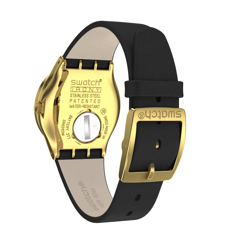 SWATCH YLG141 BLACK LEATHER BAND BLACK DIAL FOR WOMEN