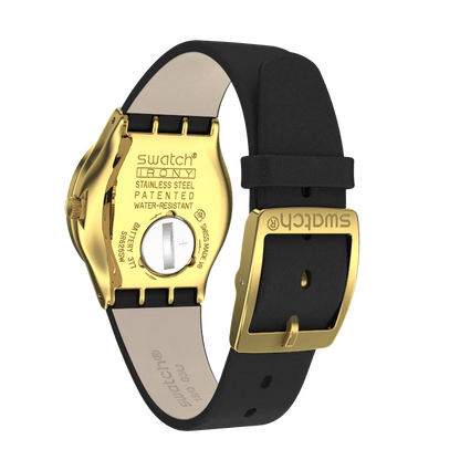 SWATCH YLG141 BLACK LEATHER BAND BLACK DIAL FOR WOMEN
