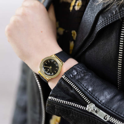 SWATCH YLG141 BLACK LEATHER BAND BLACK DIAL FOR WOMEN