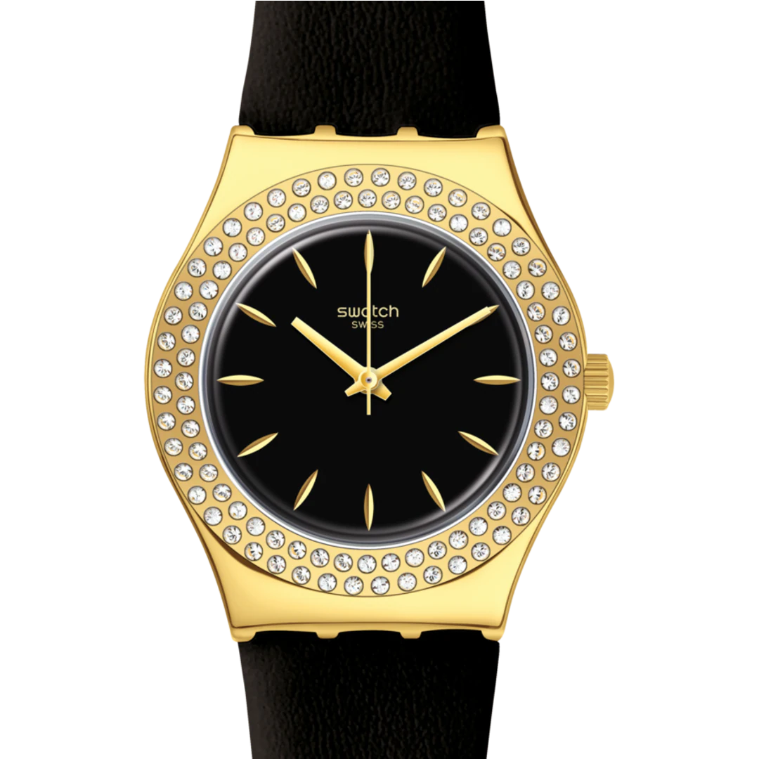 SWATCH YLG141 BLACK LEATHER BAND BLACK DIAL FOR WOMEN
