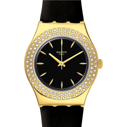 SWATCH YLG141 BLACK LEATHER BAND BLACK DIAL FOR WOMEN