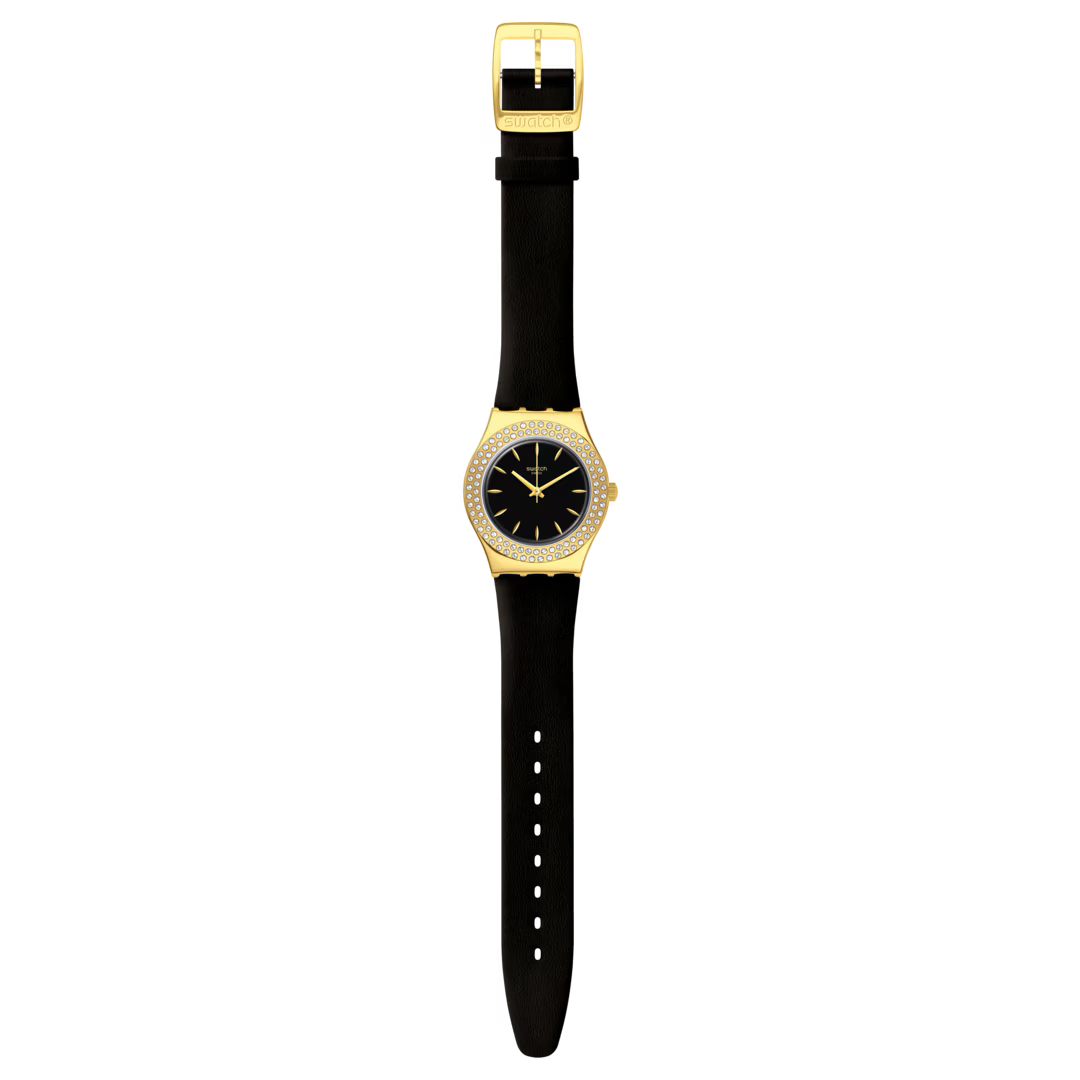 SWATCH YLG141 BLACK LEATHER BAND BLACK DIAL FOR WOMEN