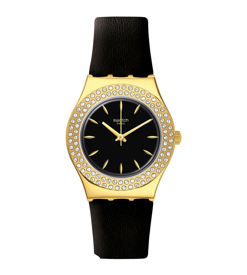 SWATCH YLG141 BLACK LEATHER BAND BLACK DIAL FOR WOMEN