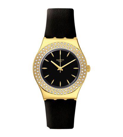 SWATCH YLG141 BLACK LEATHER BAND BLACK DIAL FOR WOMEN