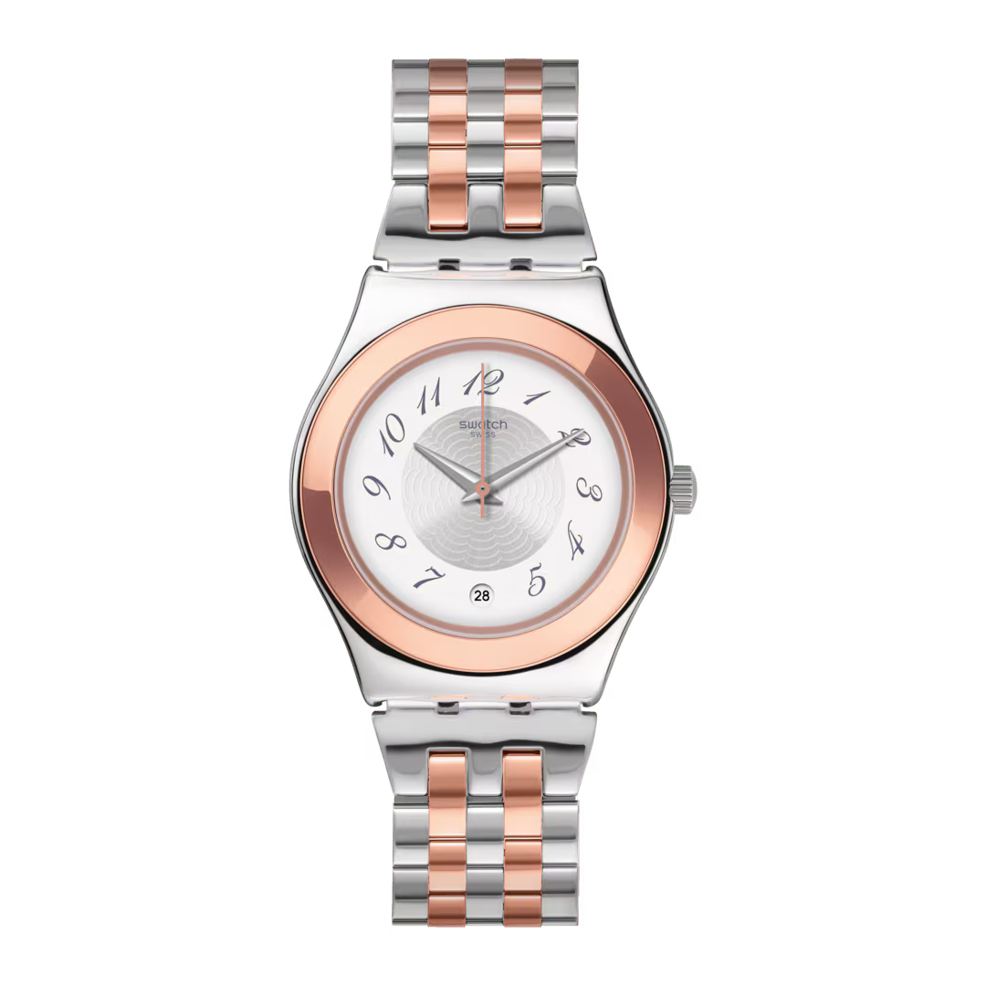 SWATCH YLS454GC STEEL SILVER AND ROSE GOLD BAND WHITE DIAL FOR WOMEN