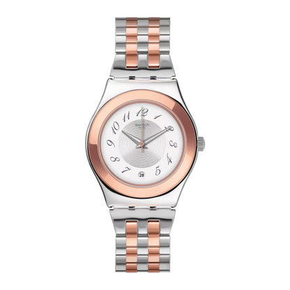 SWATCH YLS454GC STEEL SILVER AND ROSE GOLD BAND WHITE DIAL FOR WOMEN