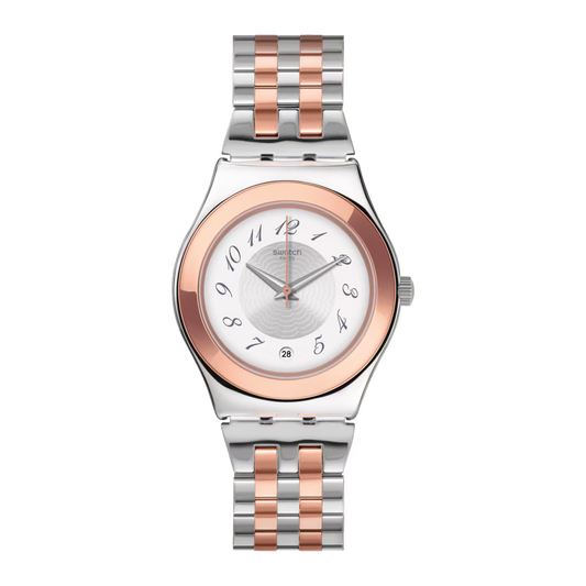 SWATCH YLS454GC STEEL SILVER AND ROSE GOLD BAND WHITE DIAL FOR WOMEN
