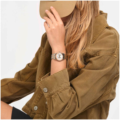 SWATCH YLS454GC STEEL SILVER AND ROSE GOLD BAND WHITE DIAL FOR WOMEN