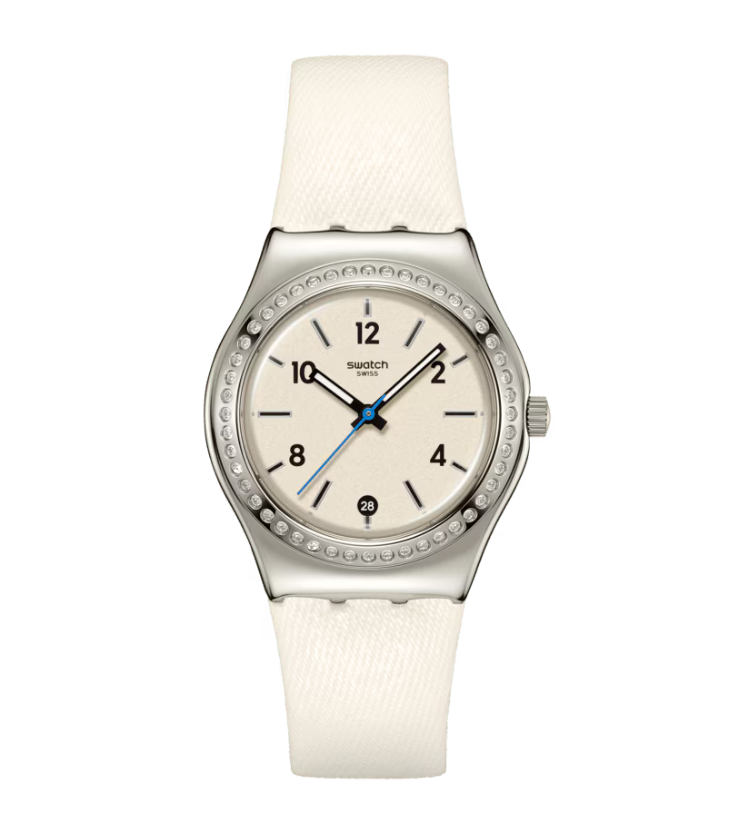 SWATCH YLS471 WHITE LEATHER BAND WHITE DIAL FOR WOMEN