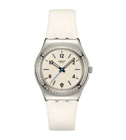 SWATCH YLS471 WHITE LEATHER BAND WHITE DIAL FOR WOMEN