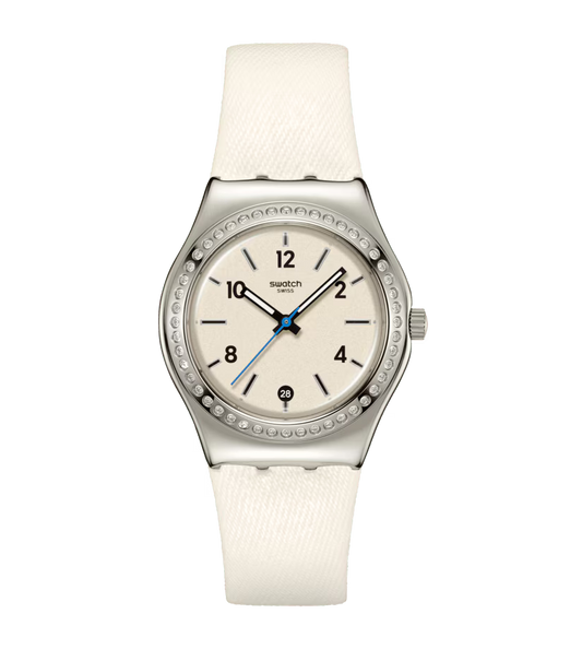 SWATCH YLS471 WHITE LEATHER BAND WHITE DIAL FOR WOMEN
