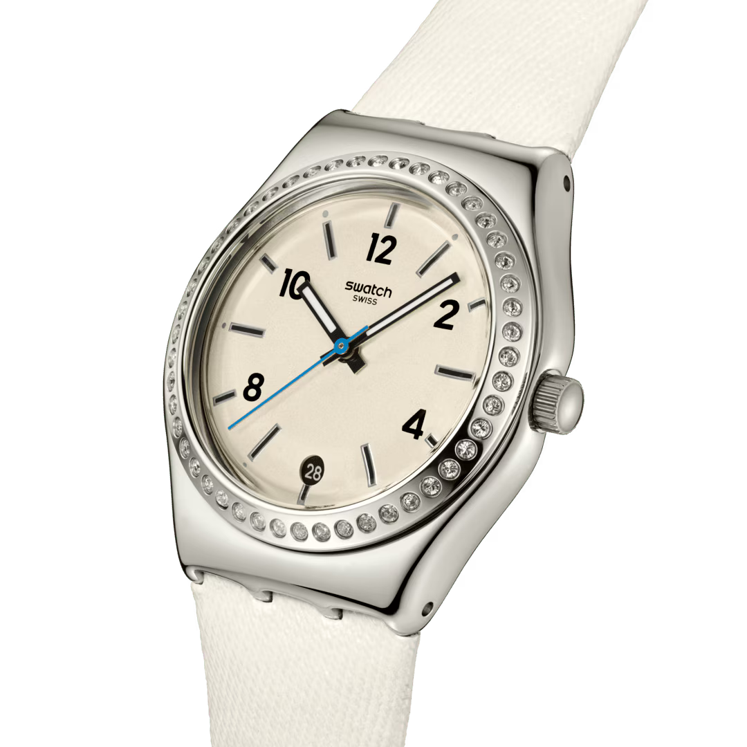 SWATCH YLS471 WHITE LEATHER BAND WHITE DIAL FOR WOMEN
