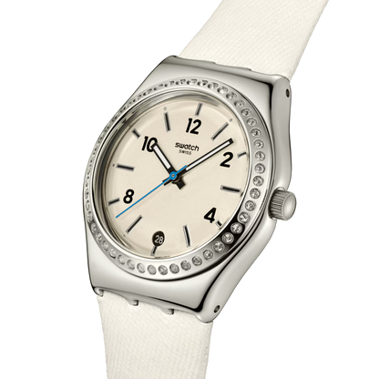 SWATCH YLS471 WHITE LEATHER BAND WHITE DIAL FOR WOMEN