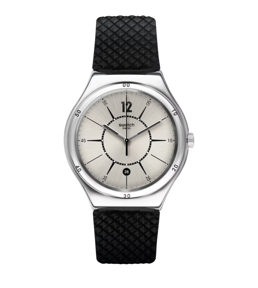 SWATCH YWS406 BLACK RUBBER BAND SILVER DIAL FOR MEN