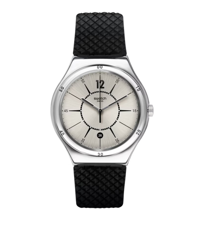 SWATCH YWS406 BLACK RUBBER BAND SILVER DIAL FOR MEN