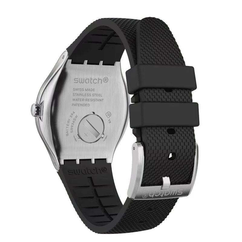 SWATCH YWS437 BLACK RUBBER BAND SILVER DIAL FOR MEN