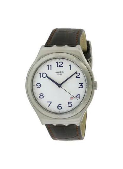 SWATCH YWS416 BROWN LEATHER BAND WHITE DIAL FOR MEN