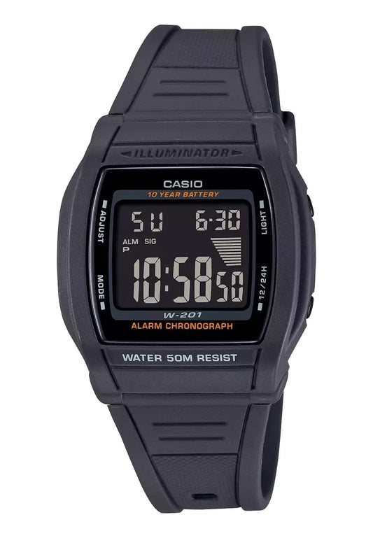 Casio Digital Sports Resin Strap Black Dial Quartz W-201-1B