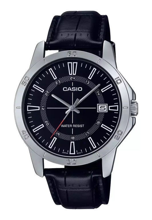 Casio MTP-V004L-1c Men's Stainless Steel Leather Band Black Dial Date Watch