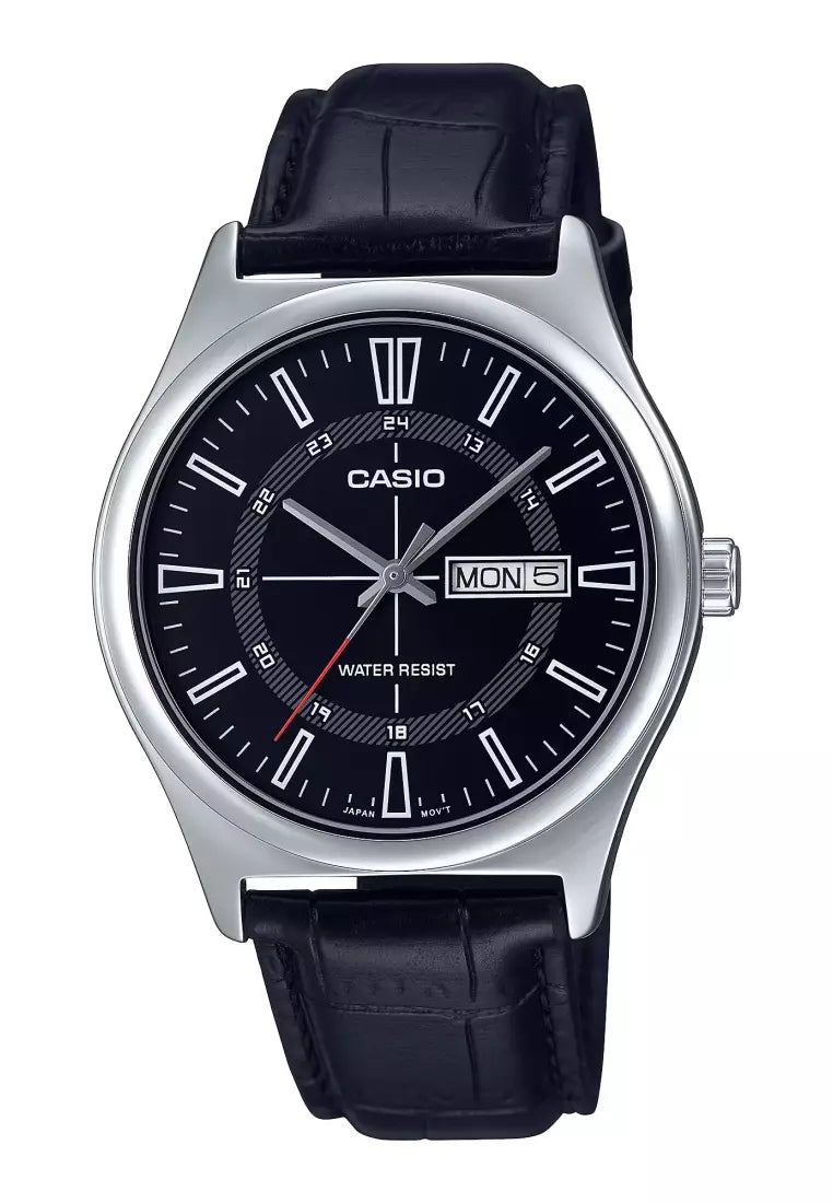 Casio MTP-V006L-1C Men's Leather Band 24 Hour Black Index Dial Day Date Watch