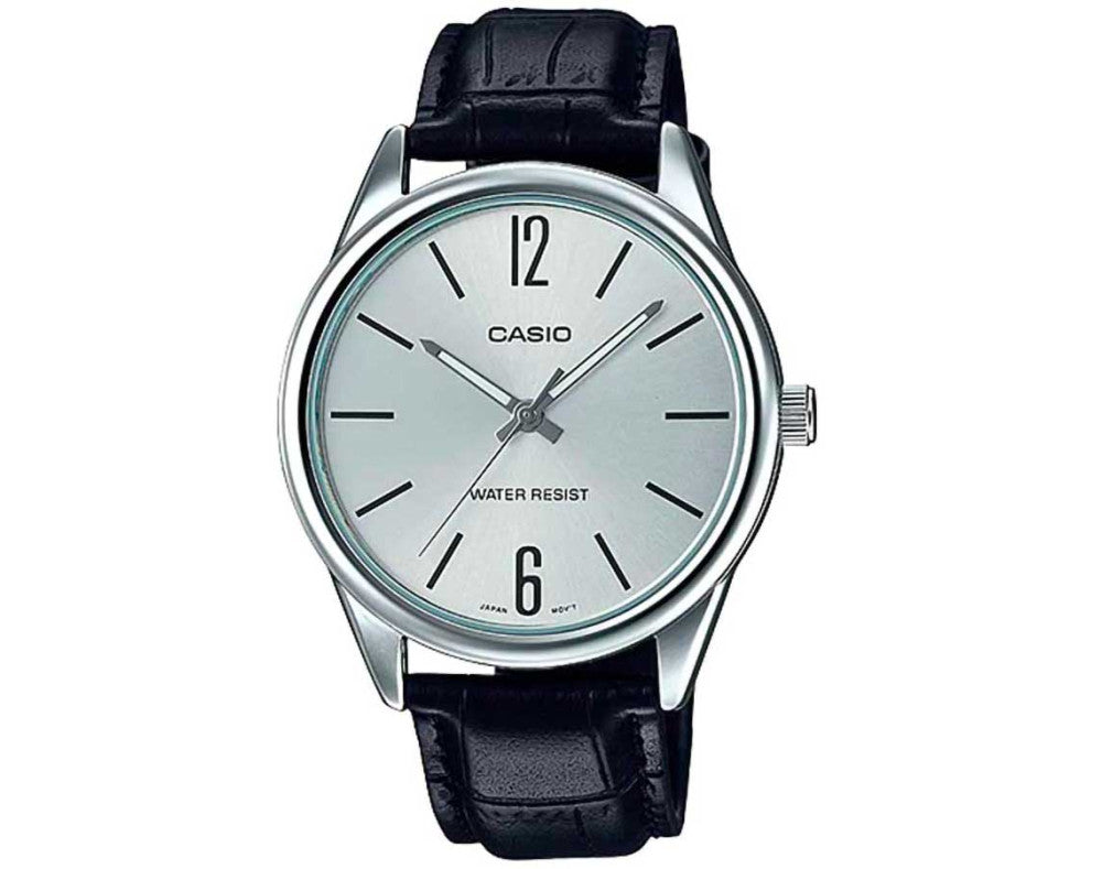 CASIO Simple Analog Watch Model MTP-V005L-7BU in Silver Dial & Black Leather Strap