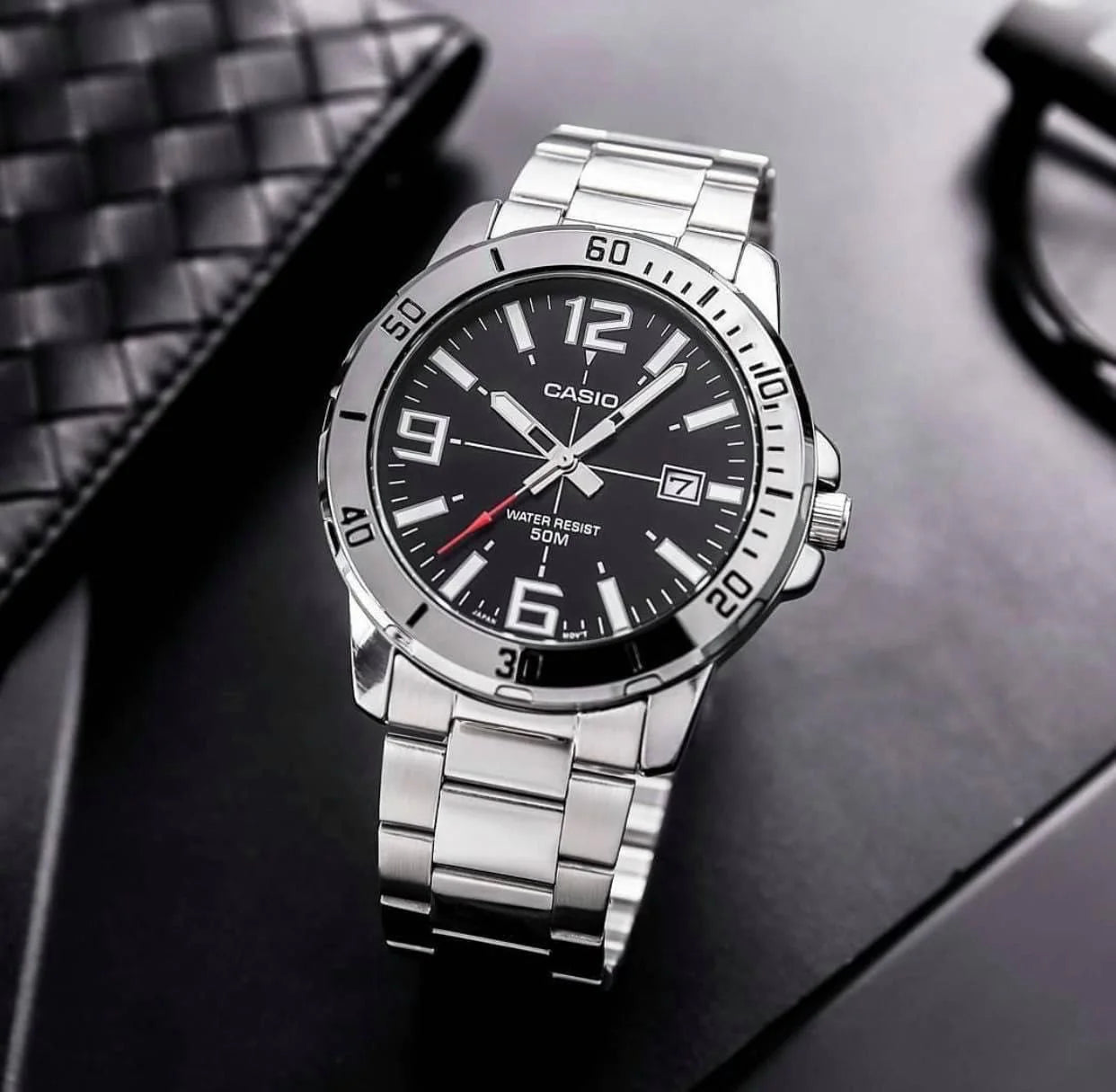 CASIO  MTP-VD01D-1B SILVER STEEL BAND BLACK DIAL  FOR MEN