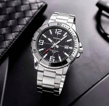 CASIO  MTP-VD01D-1B SILVER STEEL BAND BLACK DIAL  FOR MEN