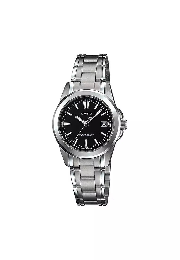 CASIO  LTP-1215A-1A2 SILVER STEEL BAND BLACK DIAL  FOR WOMEN