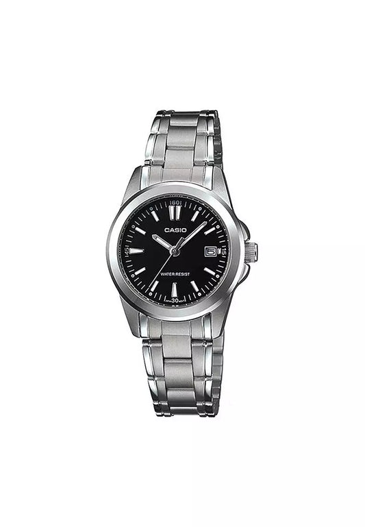 CASIO  LTP-1215A-1A2 SILVER STEEL BAND BLACK DIAL  FOR WOMEN