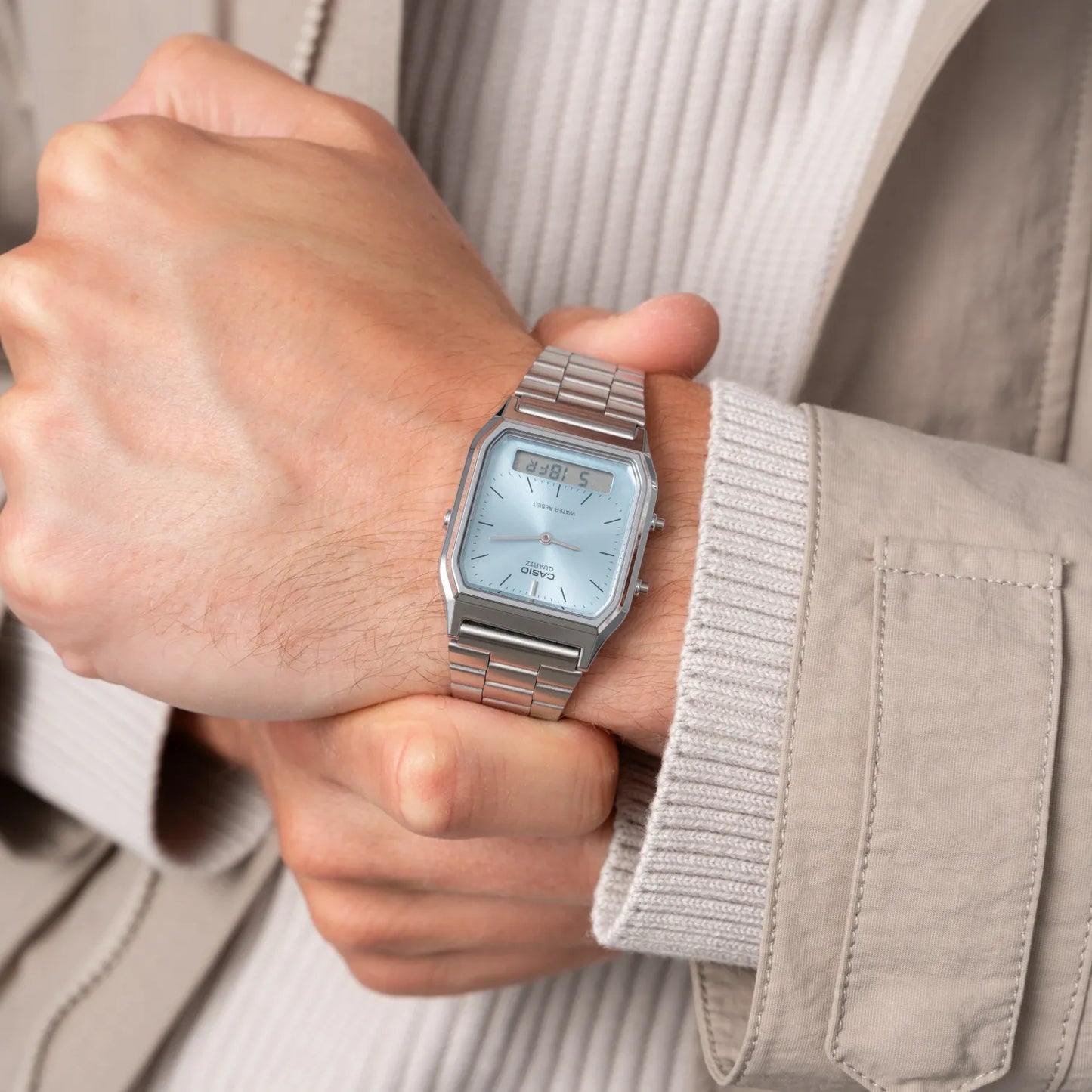 CASIO AQ-230A-2A1 SILVER STEEL BAND BABY BLUE DIAL FOR MEN