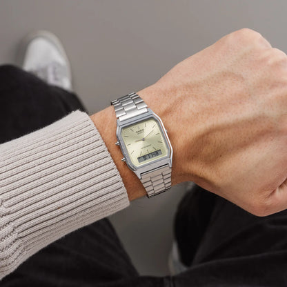 CASIO AQ-230A-9A GOLDEN DIAL STEEL SILVER STRAP UNISEX