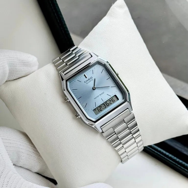 CASIO AQ-230A-2A1 SILVER STEEL BAND BABY BLUE DIAL FOR MEN