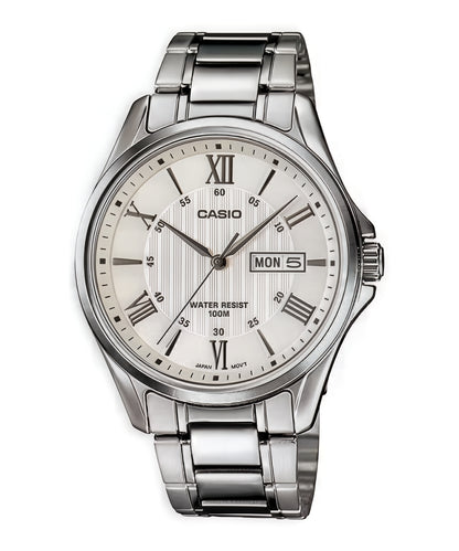 CASIO  MTP-1384D-7A SILVER STEEL BAND WHITE DIAL  FOR MEN