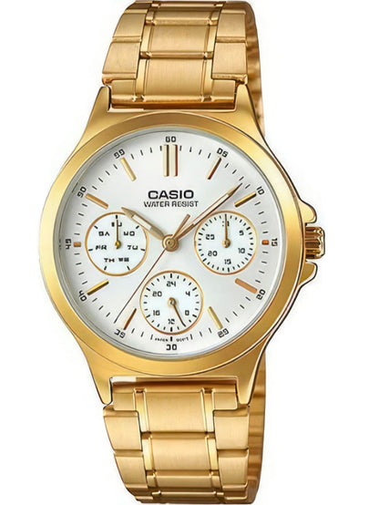 CASIO  LTP-V300G-7A GOLDEN STEEL BAND SILVER DIAL  FOR WOMEN