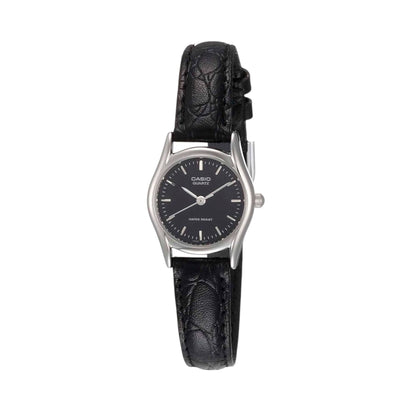 CASIO  LTP-1094E-1A BLACK LEATHER BAND BLACK DIAL  FOR WOMEN