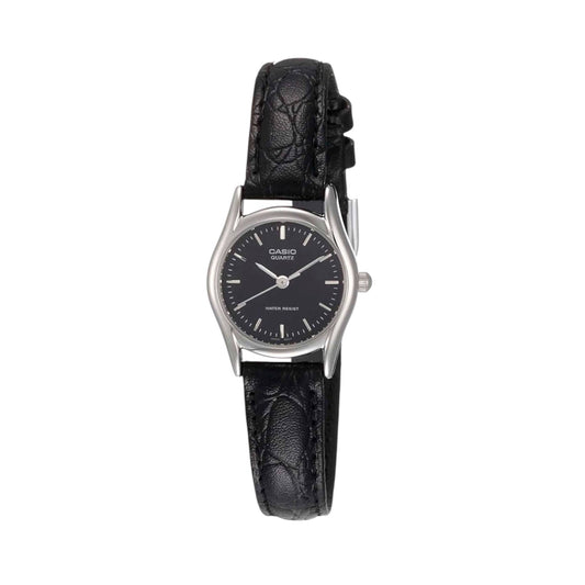 CASIO  LTP-1094E-1A BLACK LEATHER BAND BLACK DIAL  FOR WOMEN