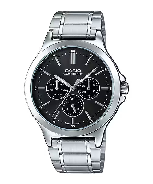 CASIO  MTP-V300D-1A SILVER STEEL BAND BLACK DIAL  FOR MEN