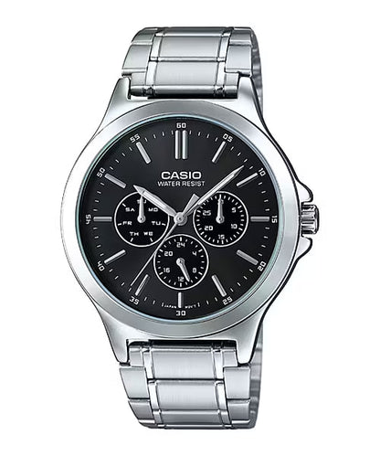 CASIO  MTP-V300D-1A SILVER STEEL BAND BLACK DIAL  FOR MEN
