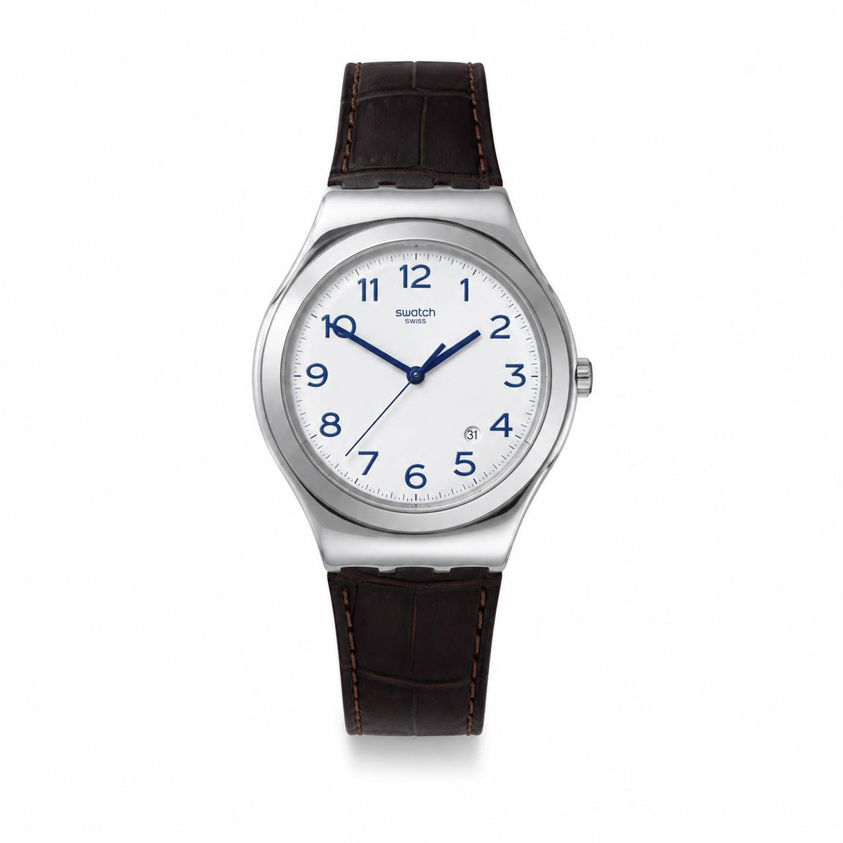 SWATCH YWS416 BROWN LEATHER BAND WHITE DIAL FOR MEN