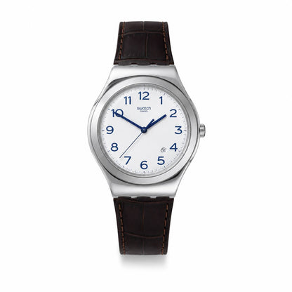 SWATCH YWS416 BROWN LEATHER BAND WHITE DIAL FOR MEN