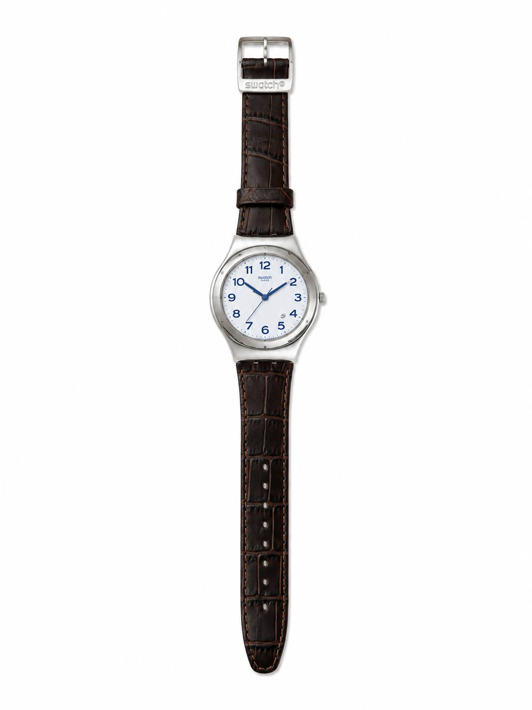 SWATCH YWS416 BROWN LEATHER BAND WHITE DIAL FOR MEN