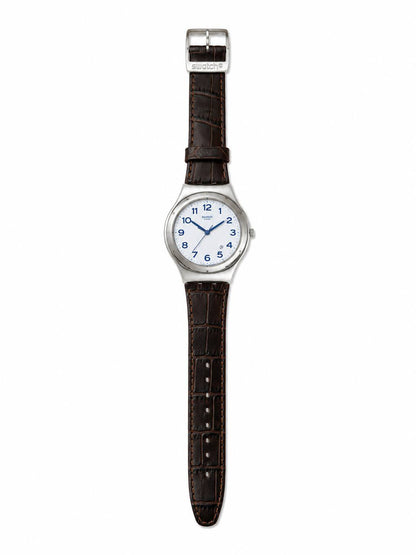 SWATCH YWS416 BROWN LEATHER BAND WHITE DIAL FOR MEN