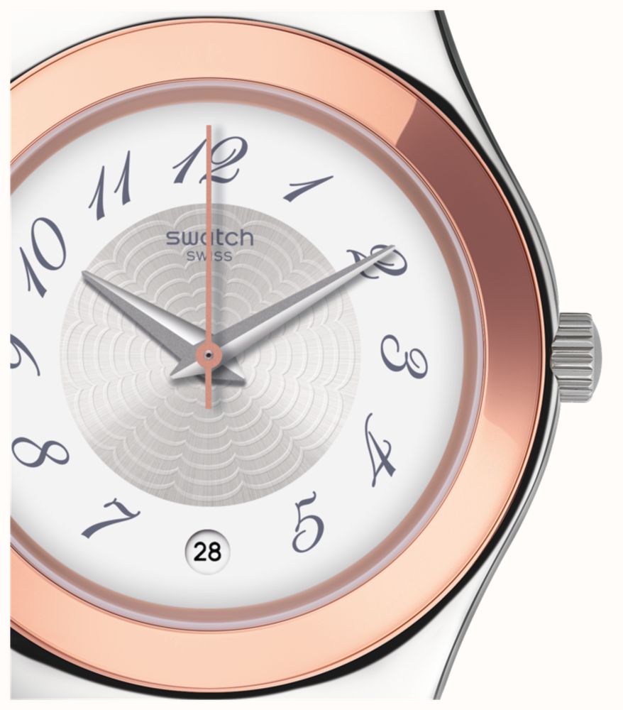 SWATCH YLS454GC STEEL SILVER AND ROSE GOLD BAND WHITE DIAL FOR WOMEN