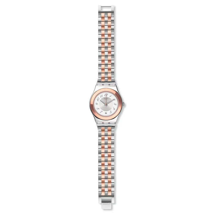 SWATCH YLS454GC STEEL SILVER AND ROSE GOLD BAND WHITE DIAL FOR WOMEN