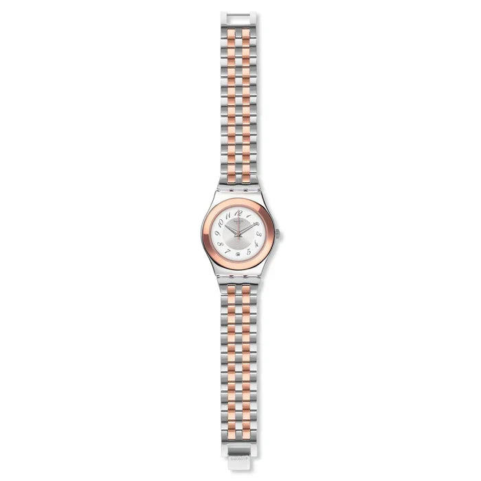SWATCH YLS454GC STEEL SILVER AND ROSE GOLD BAND WHITE DIAL FOR WOMEN