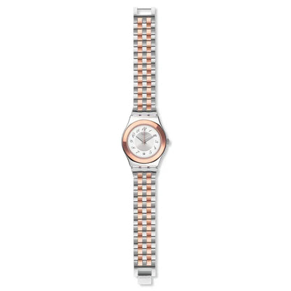 SWATCH YLS454GC STEEL SILVER AND ROSE GOLD BAND WHITE DIAL FOR WOMEN